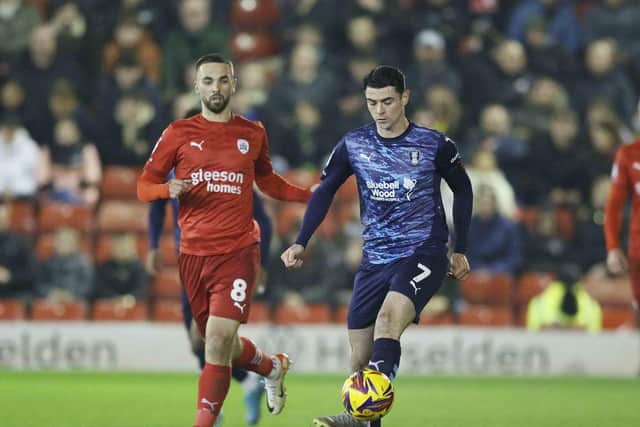Joe Powell in first-half action for Rotherham United at Barnsley. Picture: Jim Brailsford