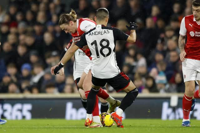 Tom Eaves battles in Rotherham United's cause at Fulham in the FA Cup. Picture: Jim Brailsford