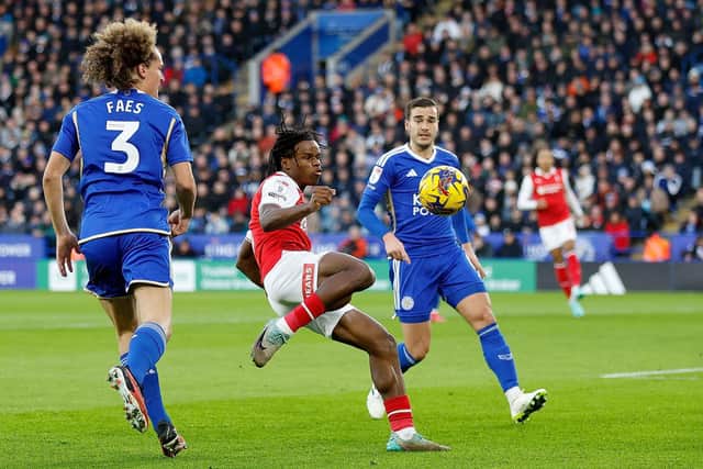 Dexter Lembikisa in first-half action for Rotherham United at Leicester City. Picture: Jim Brailsford