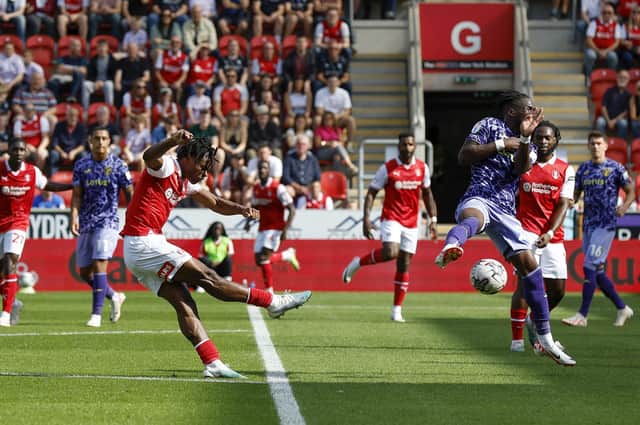 Dexter Lembikisa scores a Goal-of-the-Season contender for Rotherham United against Norwich City at AESSEAL New York Stadium. Picture: Jim Brailsford