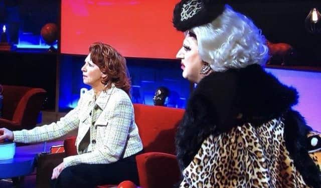Bonnie Langford and Myra DuBois on House of Games - the photo was posted by Myra on Instagram who captioned it:  'Me and @bonnie_langford trying to decide what we want from the chippy.'