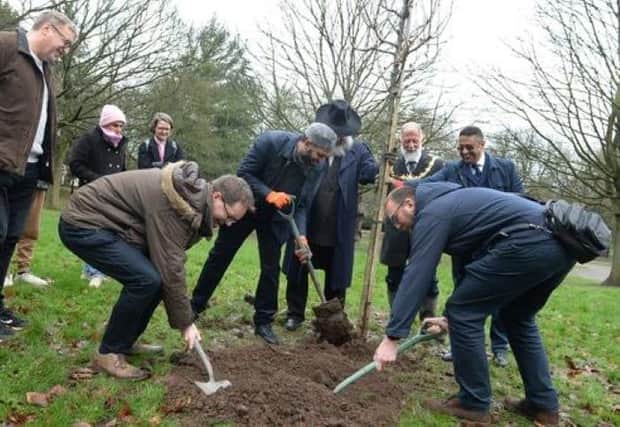 Faith leaders and the Rotherham Mayor at the tree planting - photo by Kerrie Beddows
