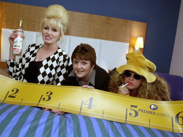 Patsy and Edina give Premier Lodge manager Ruth Cartlidge a helping hand as their new hotel opened at Meadowhall with some of the biggest beds in the industry available to guests. Pictured in 2001