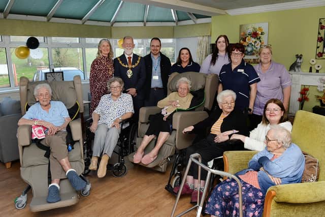 The Mayor and Mayoress of Rotherham Cllr Robert Taylor and Mrs Tracy Taylor, pictured with staff and residents at a celebration event to mark Cherry Trees Care Home's 25th anniversary.