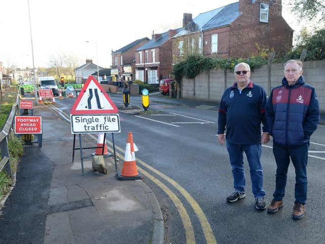 Rotherham Rugby Club's John Whaling and Tony Jenkinson on roadworks-blighted Clifton Lane.