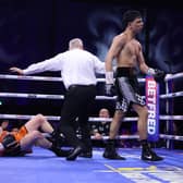 Junaid Bostan sends Jack Martin to the canvas as the referee waves off the contest. Pictures by Mark Robinson, Matchroom Boxing