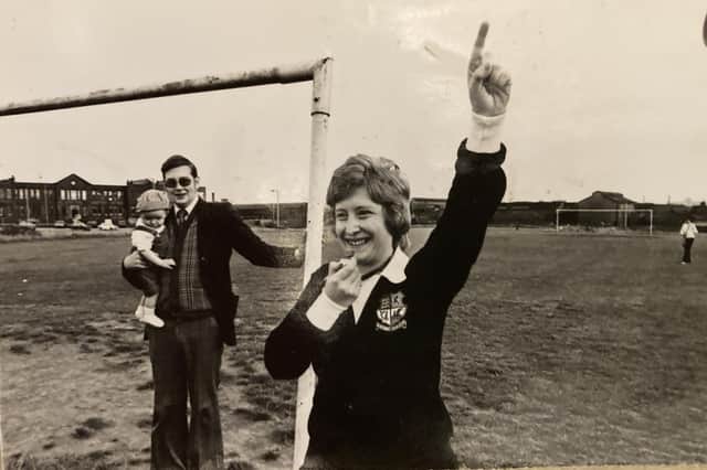 Annetta Harvey with husband Paul and baby son Adrian in her refereeing days.
