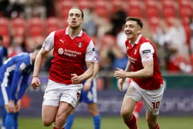 Tom Eaves celebrates after the first of his two goals for Rotherham United  against Cardiff City. Picture: Jim Brailsford