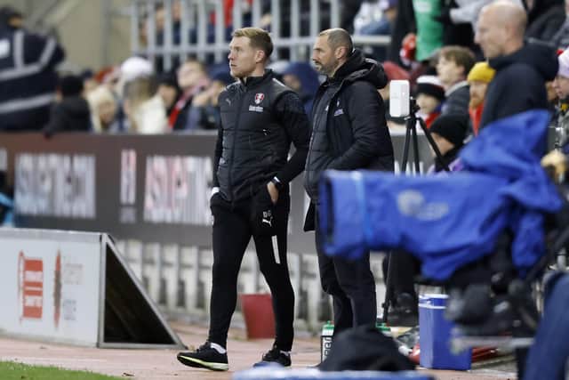 Rotherham United interim boss Wayne Carlisle with coach Dan Green during the Championship clash with Leeds United at AESSEAL New York Stadium. Picture: Jim Brailsford