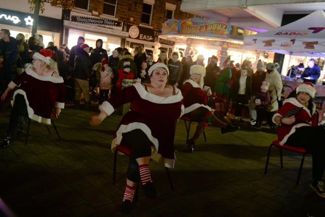 The Flaminglettes burlesque group entertained at the Mexborough Christmas lights switch on.