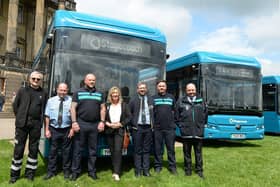 Staff from the Rawmarsh depot pictured with new electric buses launched in South Yorkshire by Stagecoach - photo by Kerrie Beddows