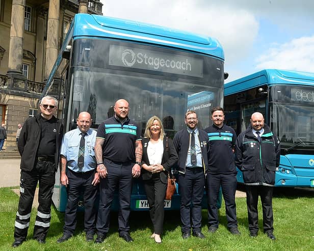 Staff from the Rawmarsh depot pictured with new electric buses launched in South Yorkshire by Stagecoach - photo by Kerrie Beddows