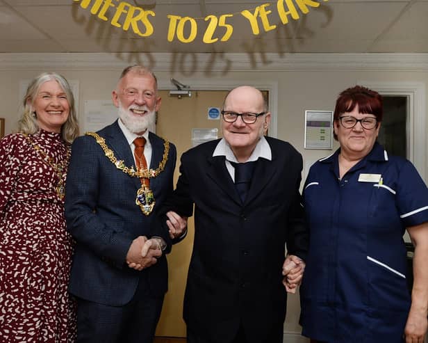 Special guests the Mayor and Mayoress of Rotherham Cllr Robert Taylor and Mrs Tracy Taylor, are pictured with deputy manager Marie Dearnley who has worked there for 25 years and resident Michael Melber who has lived there for 25 years.