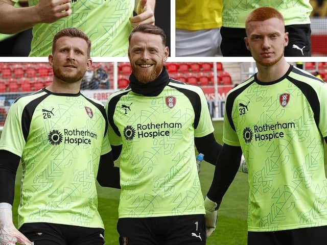 Rotherham United players wearing the shirts which sold out - photo by Jimmy Brailsford