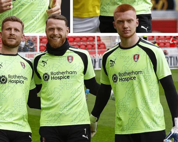 Rotherham United players wearing the shirts which sold out - photo by Jimmy Brailsford