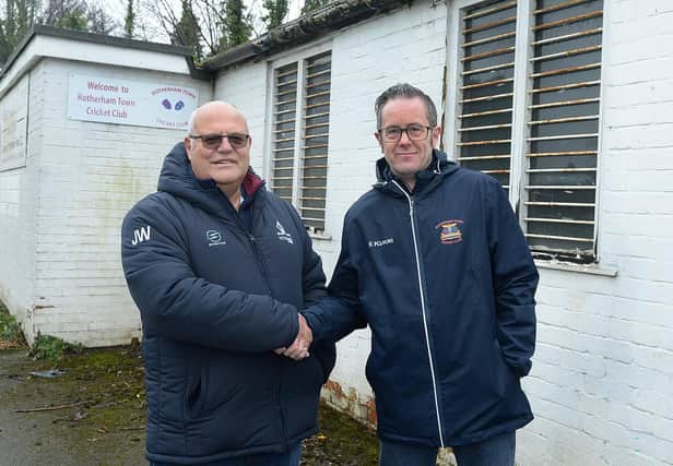 SHAKE ON IT:  new Rotherham Town CC secretary John Whaling (left) and new chairman Dave Broadbent. Picture by KERRIE BEDDOWS