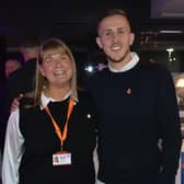 Ruth Wallbank, regional fundraising manager at Bluebell Wood and Will Vaulks, SWFC footballer