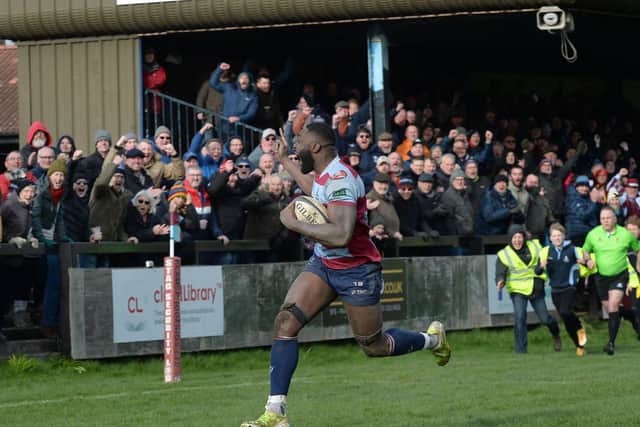 Rotherham Titans' John Okafor goes in for the final try against Leeds Tykes