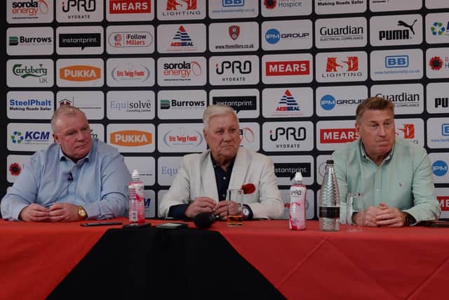 Steve Evans, Tony Stewart and Paul Raynor at last Friday's Rotherham United unveiling press conference. Picture: Kerrie Beddows