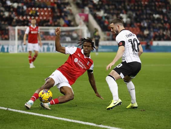 Dexter Lembikisa in first-half action for Rotherham United in the Championship clash against Ipswich Town at AESSEAL New York Stadium. Picture: Jim Brailsford