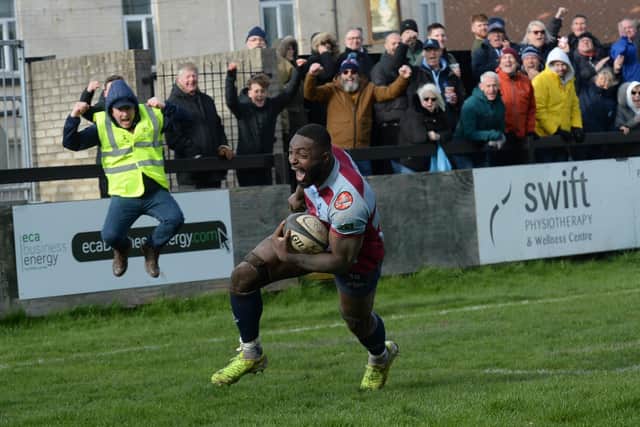 John Okafor steams in for the match-clinching try against Leeds Tykes last month