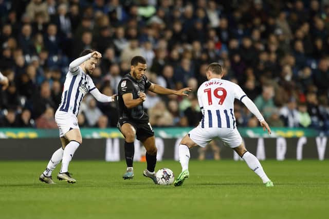 Andy Rinomhota in first-half action for Rotherham United at West Bromwich Albion. Picture: Jim Brailsford