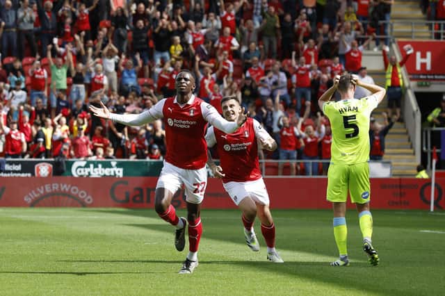 Hakeem Odoffin celebrates scoring for Rotherham United against Blackburn Rovers at AESSEAL New York Stadium in the Championship in August. Picture: Jim Brailsford