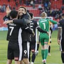 Joy for Rotherham United's Joe Powell and Jordan Hugill at Barnsley. Picture: Jim Brailsford