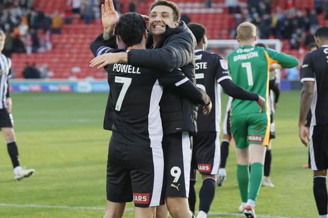 Joy for Rotherham United's Joe Powell and Jordan Hugill at Barnsley. Picture: Jim Brailsford