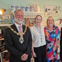 The Mayor of Rotherham Cllr Robert Taylor, Rotherham Hospice fundraising manager Sophie Barnett, retail manager Theresa Cropper, and Mayoress Tracy Taylor