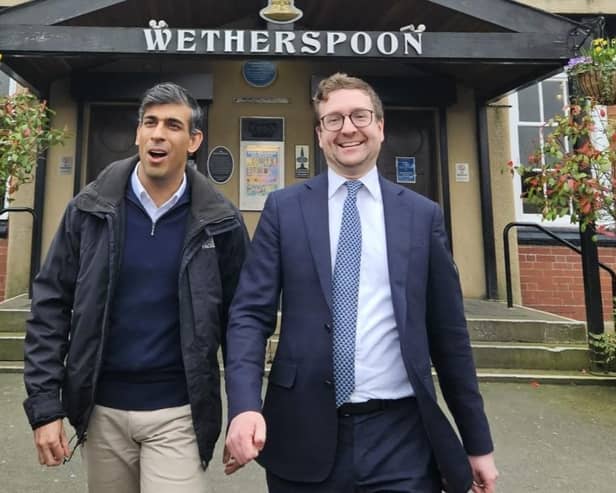 PM Rishi Sunak with Alexander Stafford outside the Queen's, Maltby (photo: Facebook/Alexander Stafford MP)