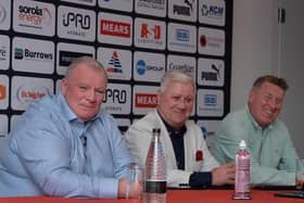 Rotherham United manager Steve Evans with chairman Tony Stewart and assistant manager Paul Raynor