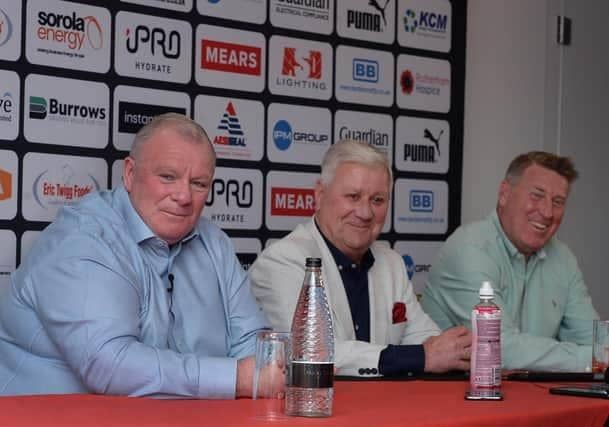 Rotherham United manager Steve Evans with chairman Tony Stewart and assistant manager Paul Raynor