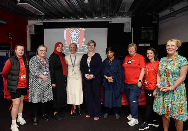 Rotherham United launched it's Menopause Supprt programme at the New York Stadium recently. Pictured from left to right are: Rotherham United Community Sports Trust (RUCST) NCS coordinator Cara Moscardini, Voluntary Action Rotherham mental health network manager Kathy Wilkinson,  RUCST outreach worker Nazia Khan, Mind Rotherham and Barnsley adult services lead Emma Sharp, personal coach and menopause specialist Rachel Waring, RUCST partnership and development officer Zanib Rasool,  founder of Rotherham United Women FC Val Hoyle, RUCST health and wellbeing manager Emma Schofield and Cllr Eve Rose Keenan.