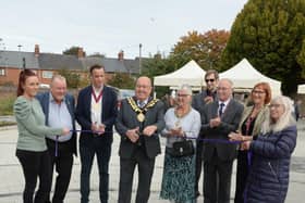 HEART OF GOLD: The Mayor and Mayoress of Barnsley Cllr Michael James Stowe and Elaine Stowe officially opened the new square. They are seen with civic dignitaries, representatives of the Goldthorpe Town Deal, councillors and market traders.