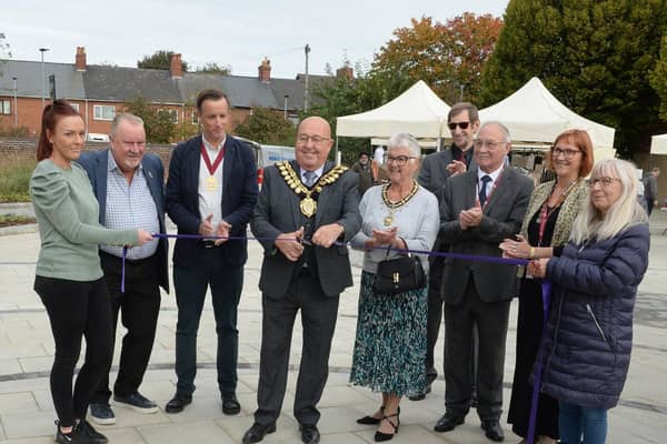 HEART OF GOLD: The Mayor and Mayoress of Barnsley Cllr Michael James Stowe and Elaine Stowe officially opened the new square. They are seen with civic dignitaries, representatives of the Goldthorpe Town Deal, councillors and market traders.