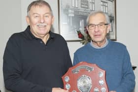 Frank Barlow and Geoff Salmons with the Barlow-Salmons Shield at the Totty Cup book launch: Pic by Julian Barker