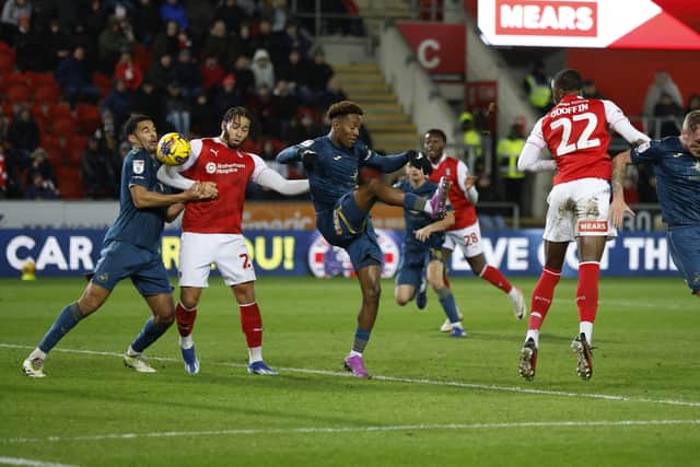 Sam Nombe equalises for Rotherham United against Swansea City at AESSEAL New York Stadium. Picture: Jim Brailsford
