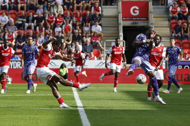 Dexter Lembikisa scores for Rotherham United against Norwich City at AESSEAL New York Stadium in the Championship. Picture: Jim Brailsford