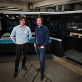 Instantprint founders James Kinsella (left) and Adam Carnell (right) pictured with the firm's first Landa Press