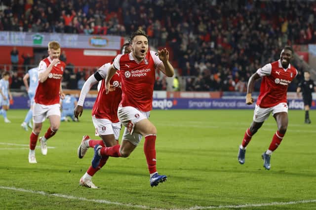Rotherham United's Ollie Rathbone celebrates his goal against Coventry City at AESSEAL New York Stadium last night. Picture: Jim Brailsford