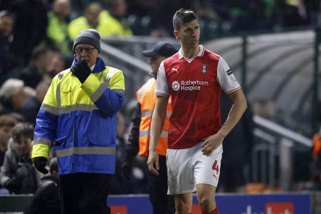 Rotherham United's Daniel Ayala leaves the field after being send off at Plymouth Argyle. Picture: Jim Brailsford