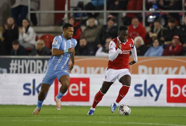 Arvin Appiah on the run for Rotherham United in the first half of the Championship clash against Coventry City at AESSEAL New York Stadium. Picture: Jim Brailsford