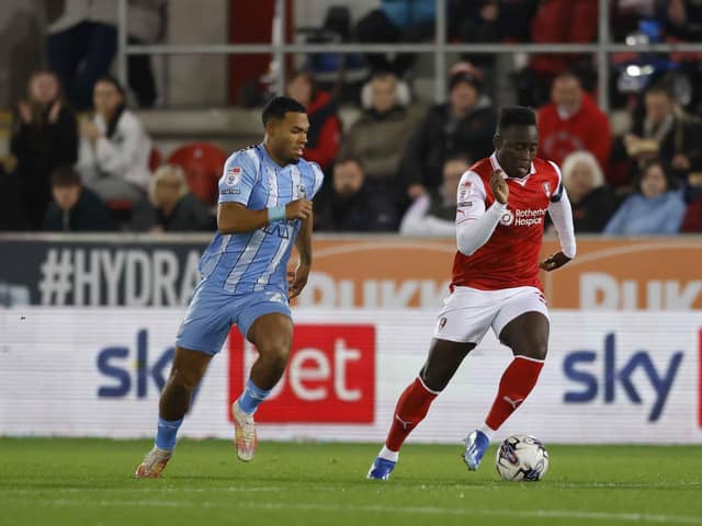 Arvin Appiah on the run for Rotherham United in the first half of the Championship clash against Coventry City at AESSEAL New York Stadium. Picture: Jim Brailsford