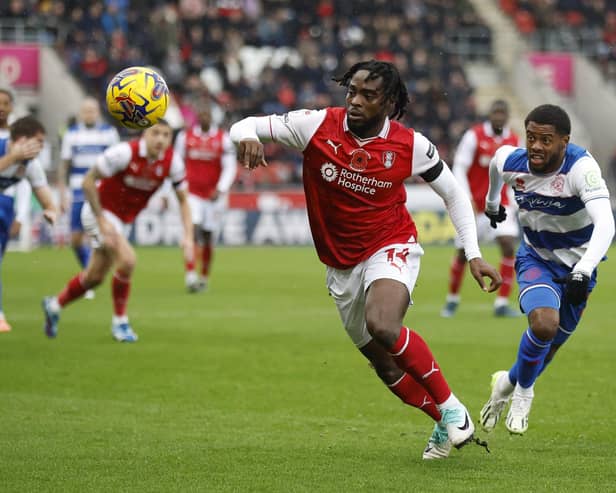Fred Onyedinma tries to make ground for Rotherham United against QPR in the Championship clash at AESSEAL New York Stadium. Picture: Jim Brailsford