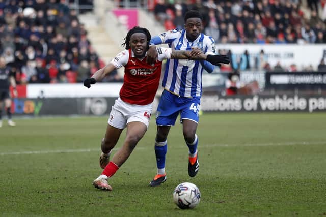 Peter Kioso in derby-day action for Rotherham United against Sheffield Wednesday, Picture: Jim Brailsford