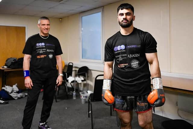 Taz Nadeem with trainer Jamie Kennedy. Picture by Connor McMain, GBM Sports