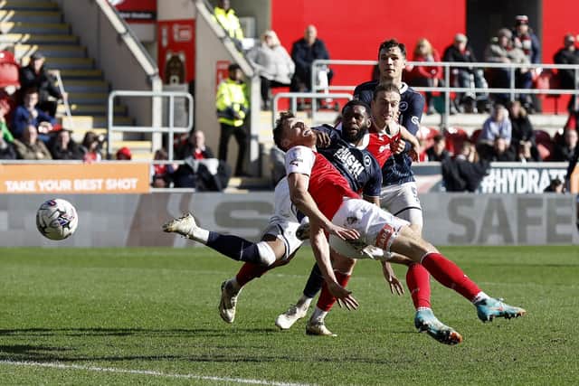 Charlie Wyke wins the match for Rotherham United against Millwall with a late header. Picture: Jim Brailsforf
