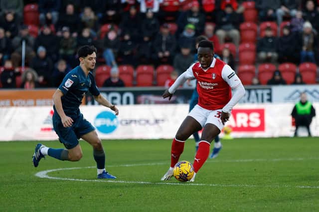 Arvin Appiah in possession for Rotherham United against Swansea City in the first half. Picture: Jim Brailsford