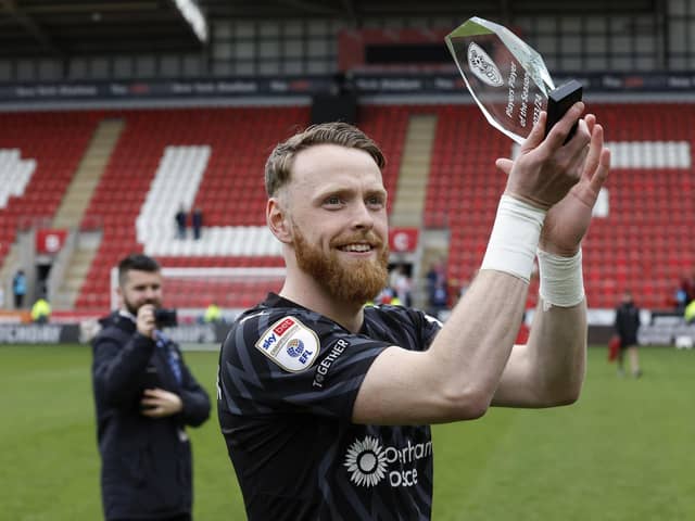 Rotherham United's Viktor Johansson with the Player's Player of the Year trophy at AESSEAL New York Stadium after the Cardiff City clash. Picture Jim Brailsford